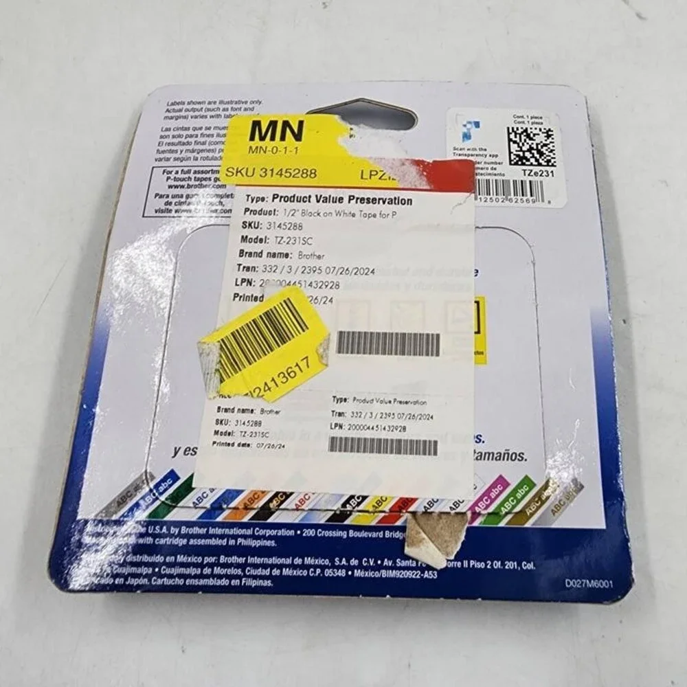 Brother Genuine P-touch TZE-231 Standard Laminated Black on White Tape 0.47x26.2